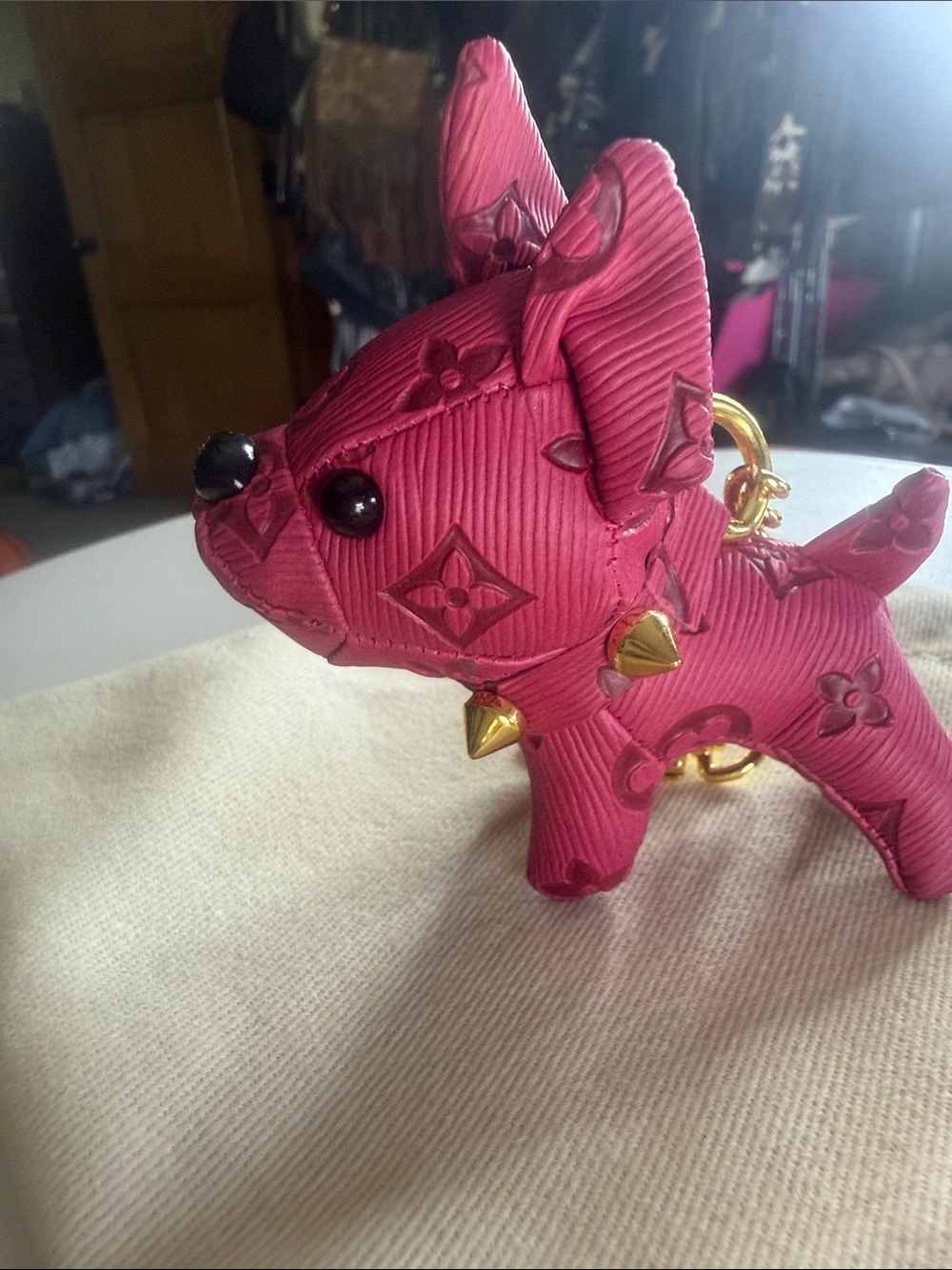 Pink Embossed Dog Keychain Charm with Gold Stud Accents